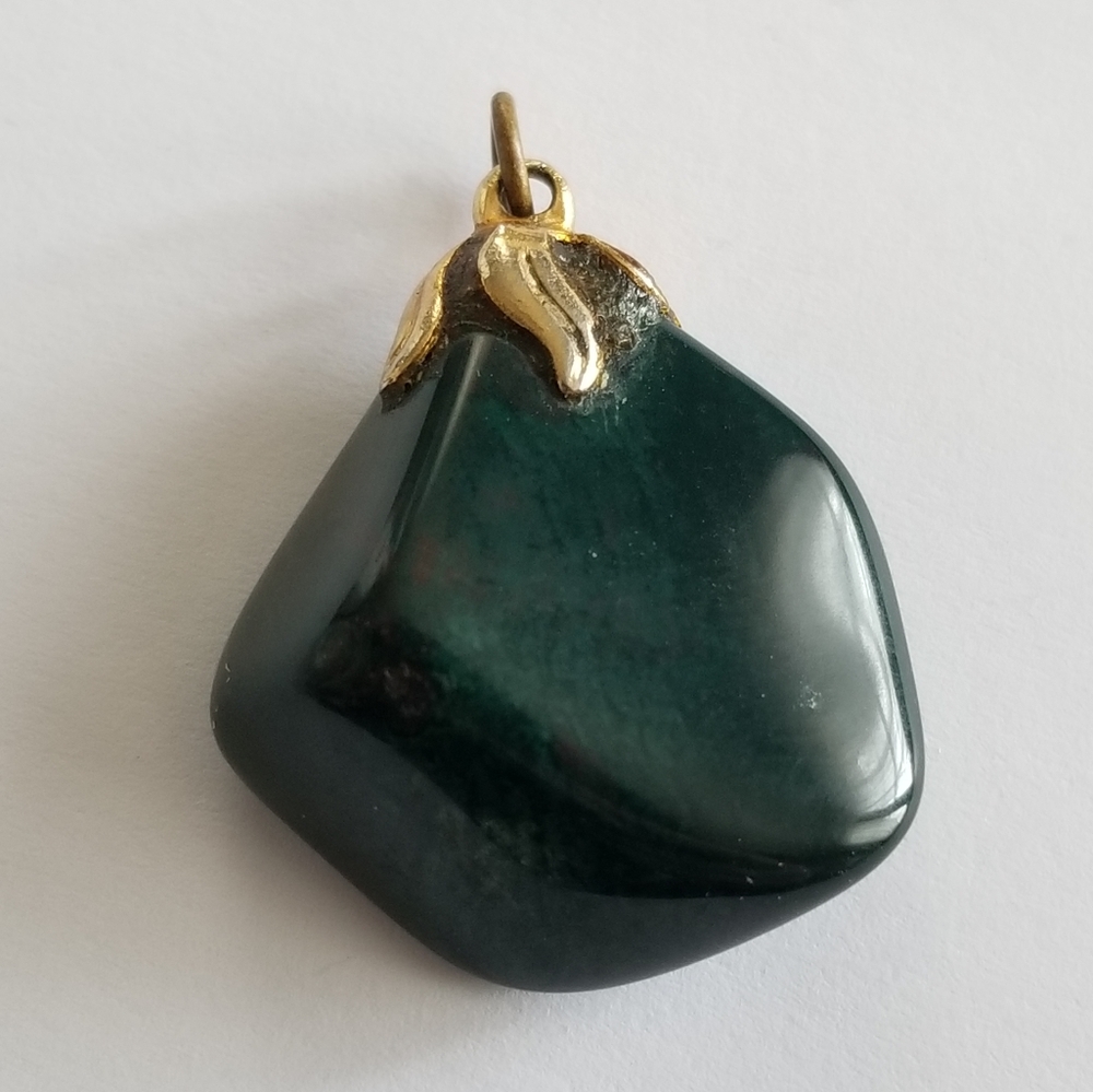 Vintage Bloodstone pendant polished stone tumbled dark green heliotrope